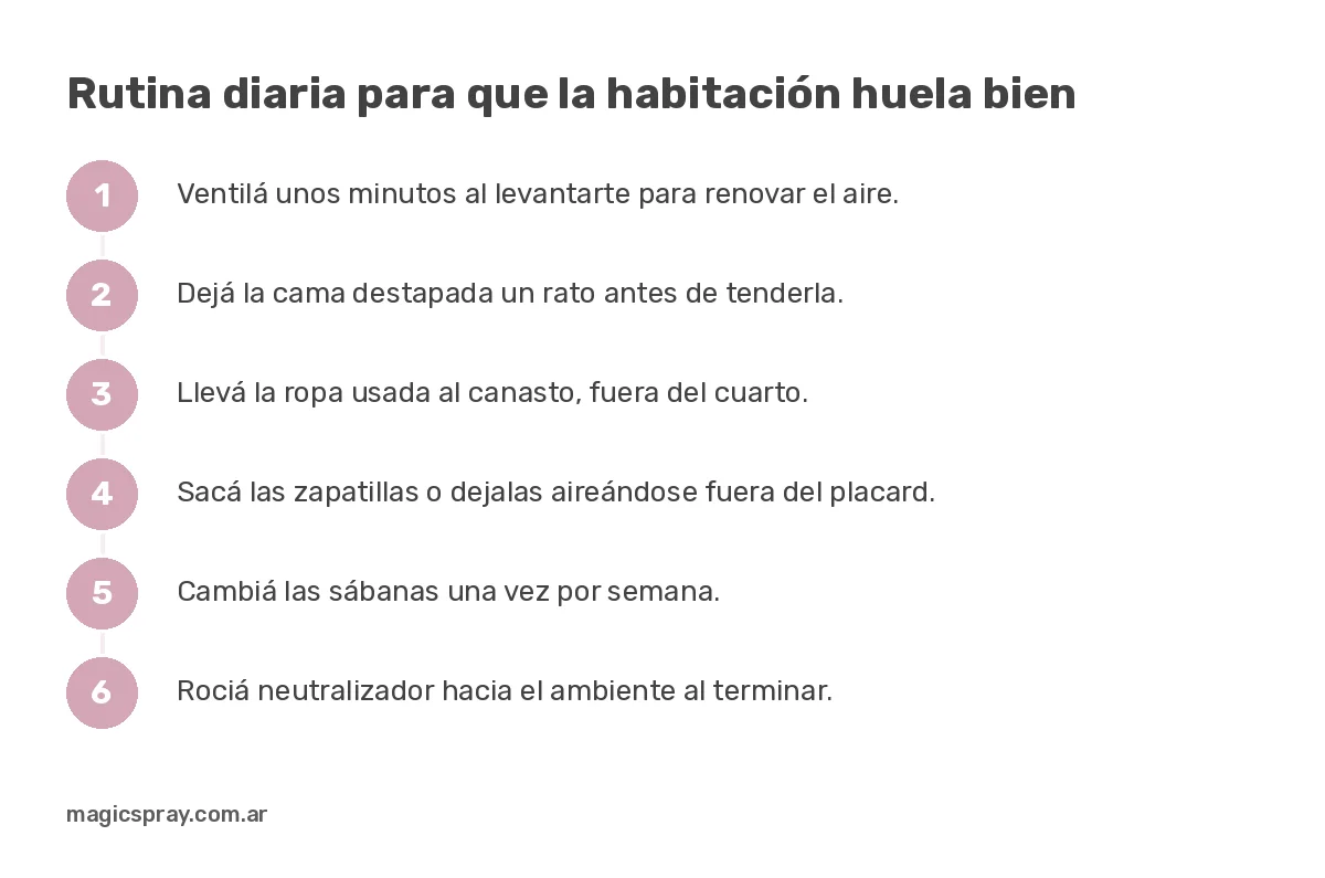Pasos de una rutina diaria sobre cómo hacer que la habitación huela bien: ventilar, airear la cama, ropa y neutralizador