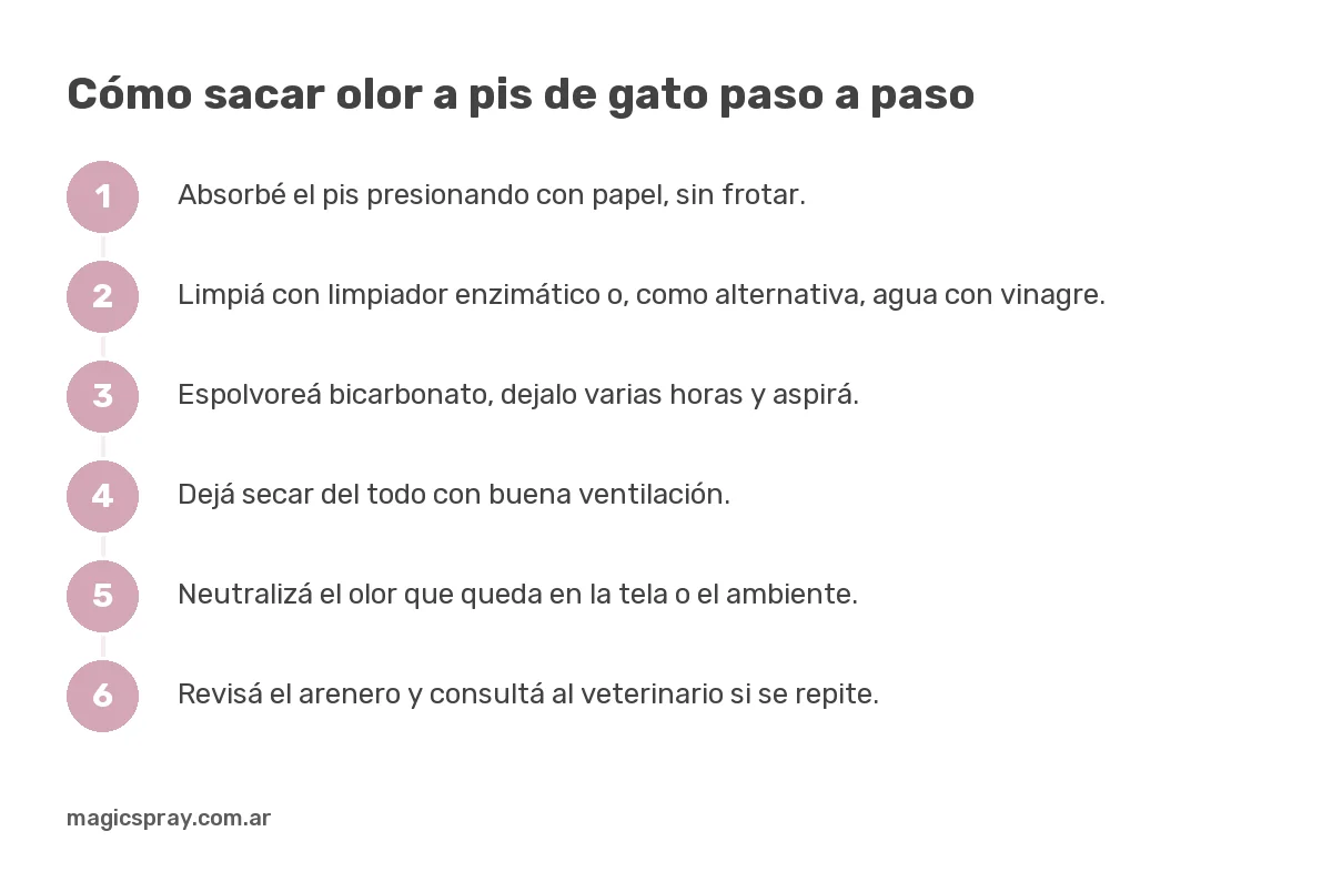 Infografía de cómo sacar olor a pis de gato: absorber, limpiar, secar, neutralizar el olor y revisar el arenero