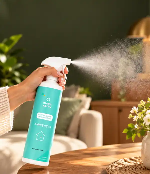 Mano rociando Magic Spray Ambientes en el living