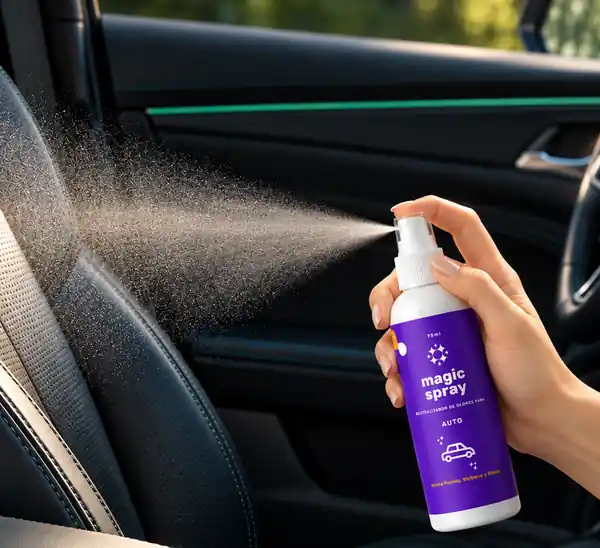 Mano rociando Magic Spray Auto sobre el asiento