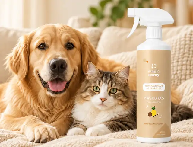 Perro y gato en el sillón junto a Magic Spray Mascotas