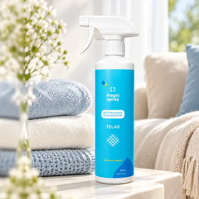 Magic Spray Telas 500 ml junto a mantas dobladas en el living