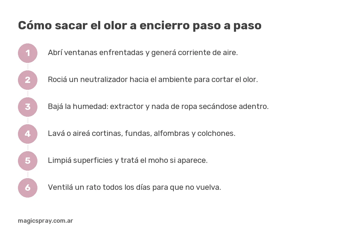 Pasos para sacar el olor a encierro: ventilar, neutralizar, bajar la humedad, lavar telas, limpiar y ventilar a diario