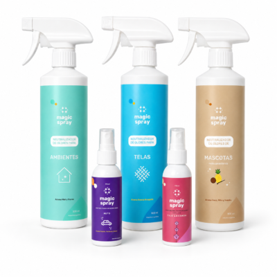 Pack Todos Magic Spray: Ambientes, Telas y Mascotas 500 ml, Auto y Baño 75 ml